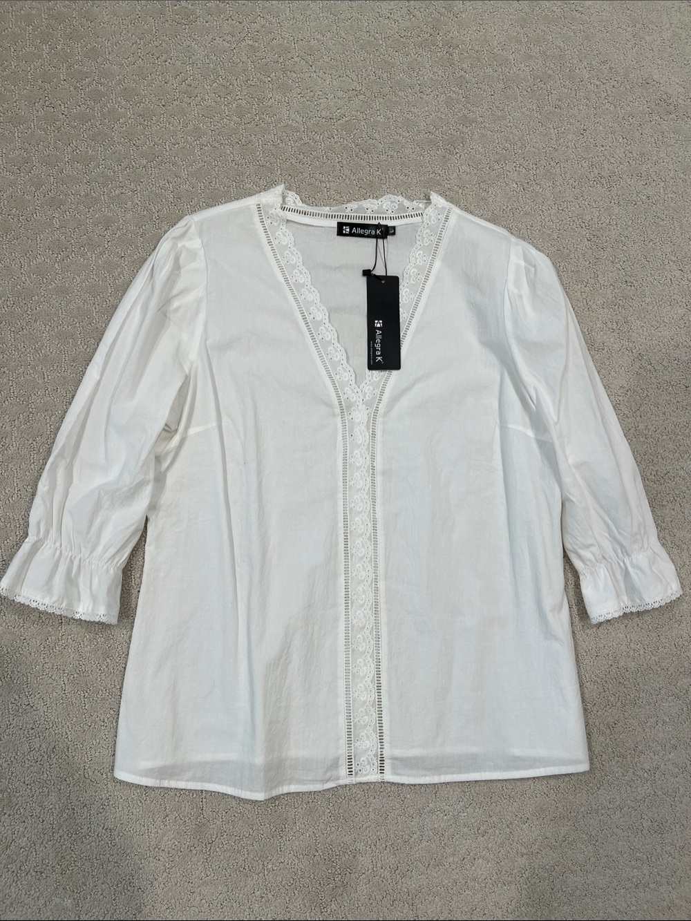 Allegra K White eyelet-Trim V-Neck 3/4 Sleeve Blouse
